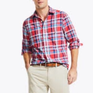 Nautica 3XL Men's Red blue Plaid Button-Down Shirt long sleeve